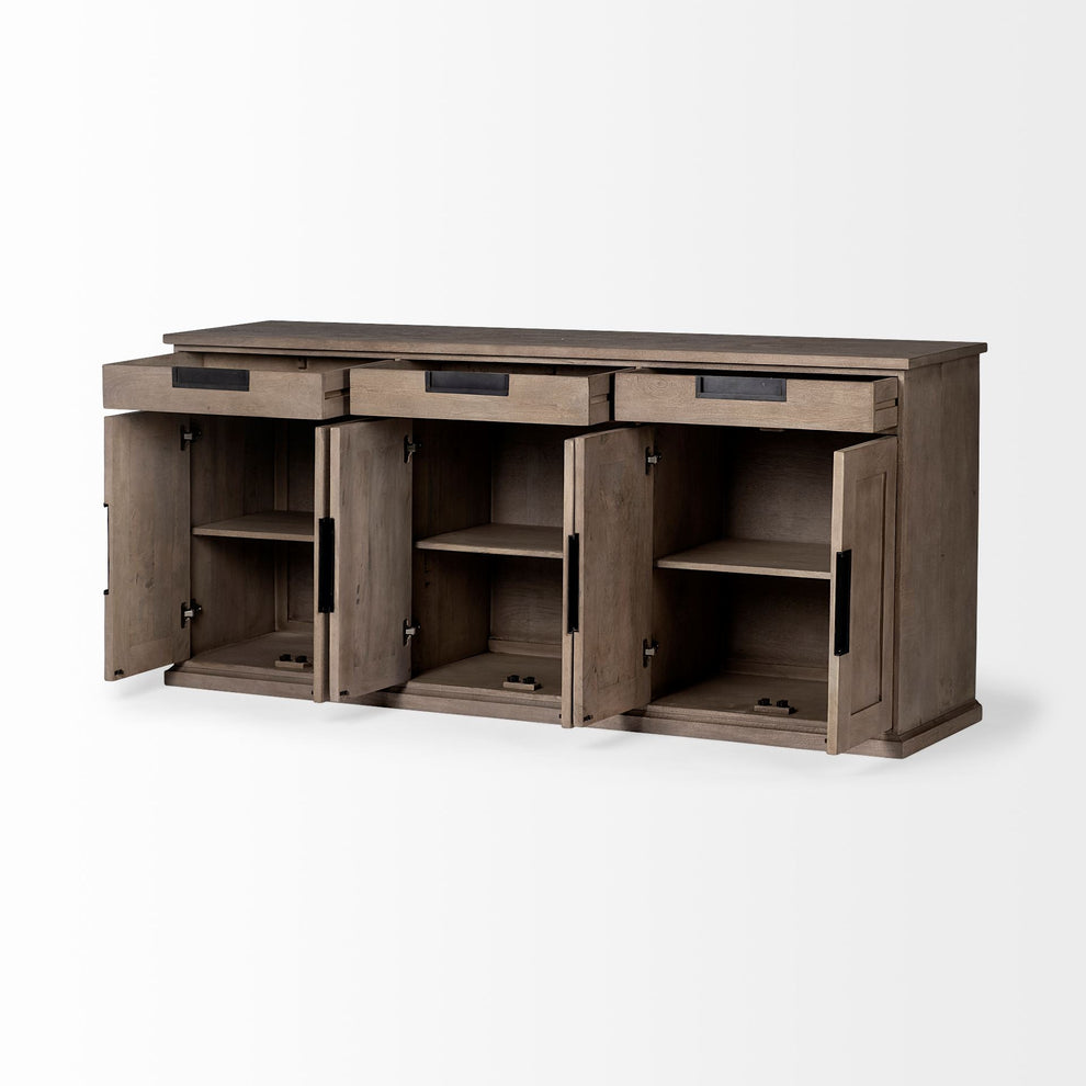 Brown Solid Mango Wood Sideboard With 3 Cabinets And 3 Drawers By Homeroots | Cabinets | Modishstore - 5