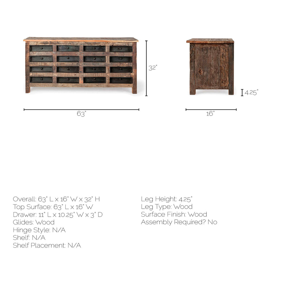 Brown Reclaimed Hardwood Sideboard With 16 Pull Out Drawers By Homeroots | Cabinets | Modishstore - 6