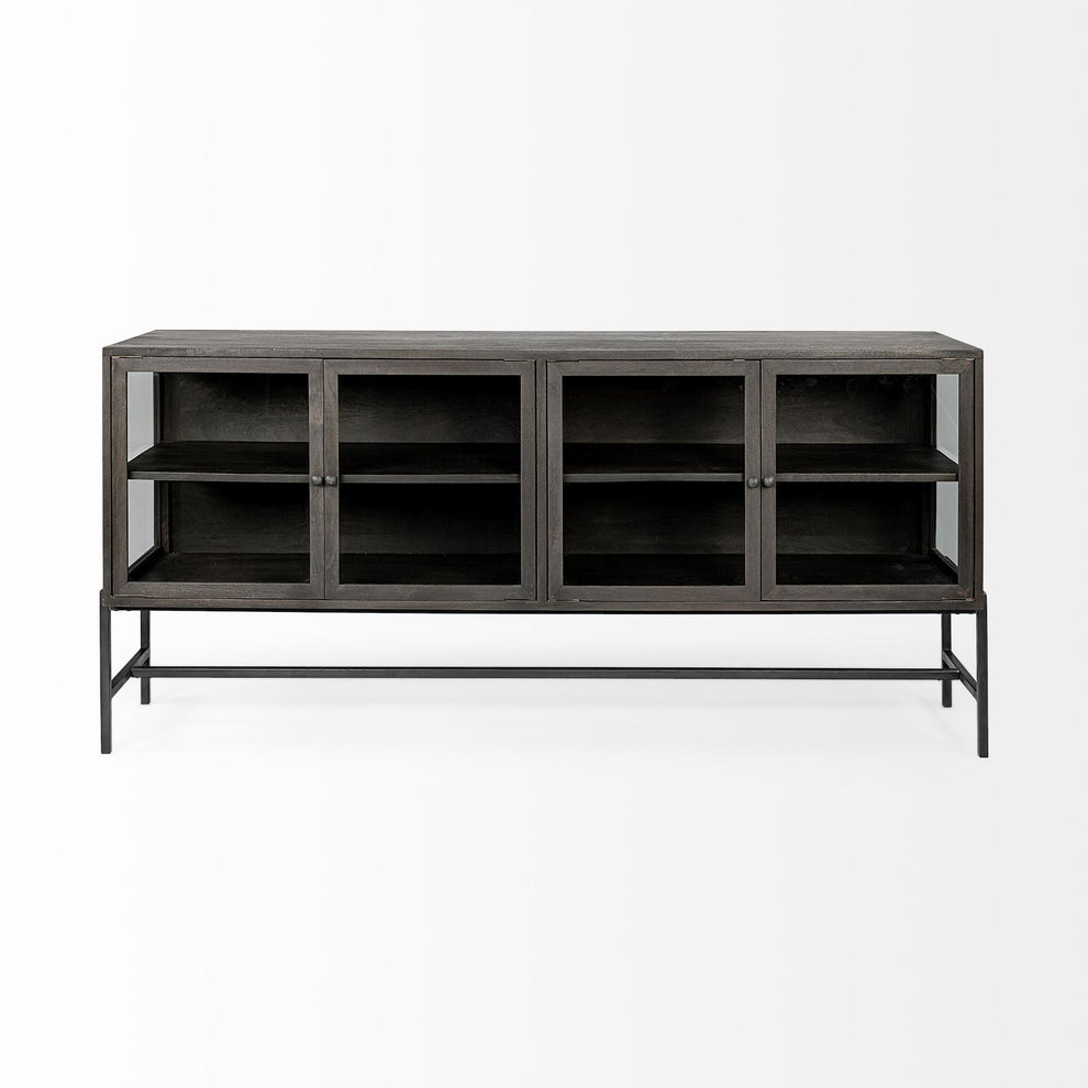 Black Solid Mango Wood Finish Sideboard With 4 Glass Cabinet Doors By Homeroots | Cabinets | Modishstore - 3