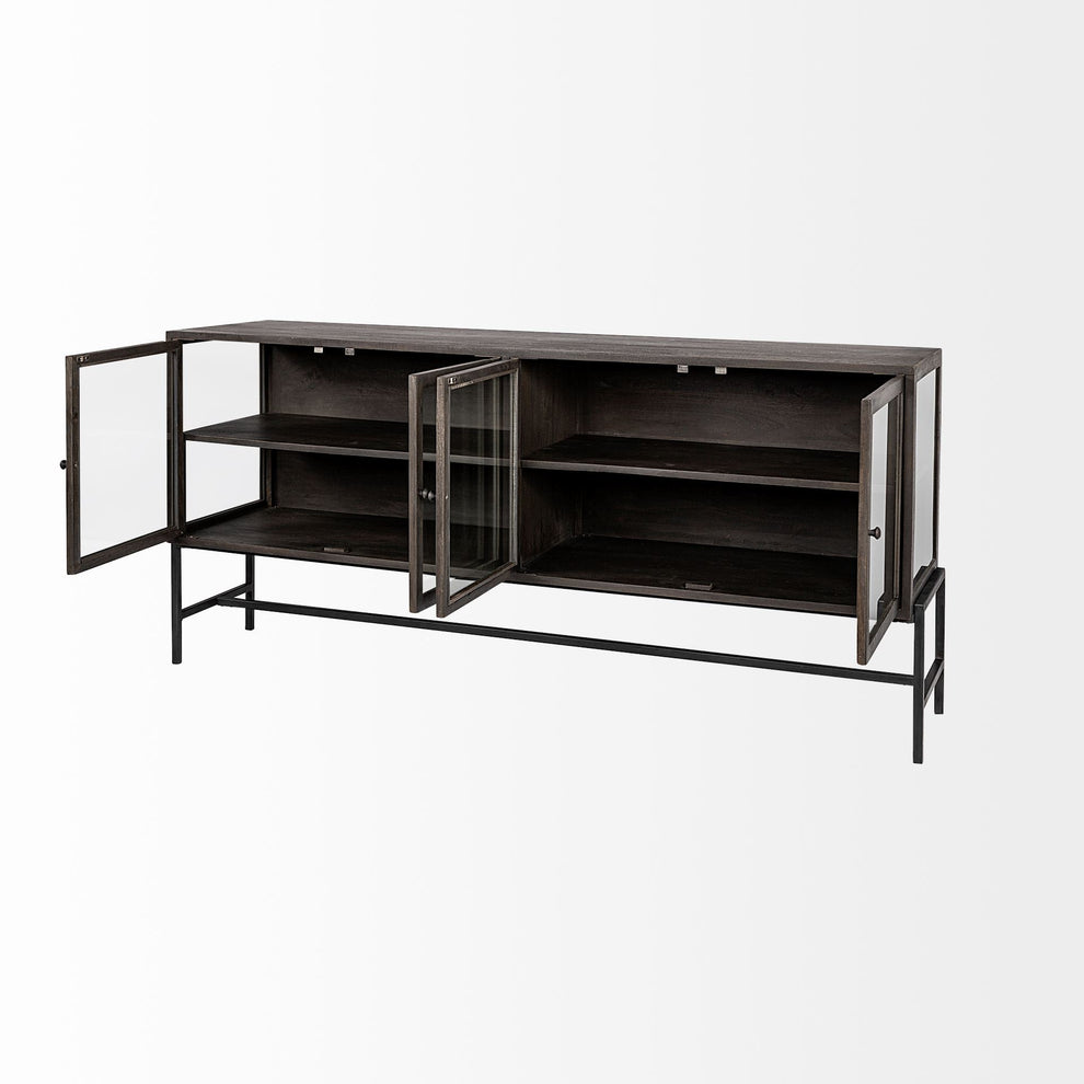 Black Solid Mango Wood Finish Sideboard With 4 Glass Cabinet Doors By Homeroots | Cabinets | Modishstore - 6