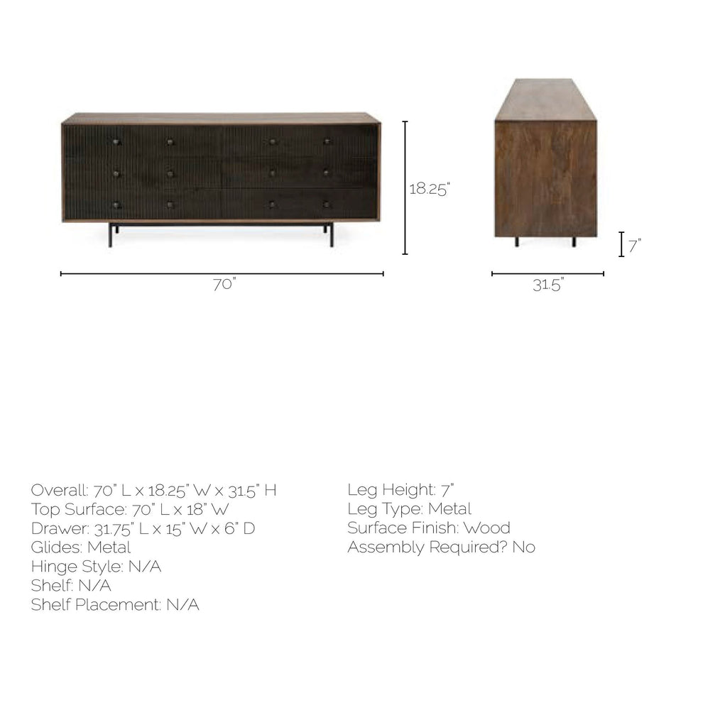 Medium Brown Solid Mango Wood Finish Sideboard With 6 Easy Sliding Drawers By Homeroots | Cabinets | Modishstore - 6
