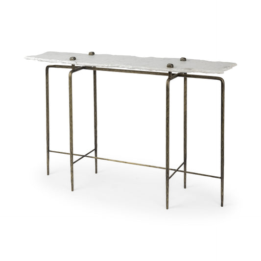 White Marble Console Table With Brass Toned Iron Base By Homeroots
