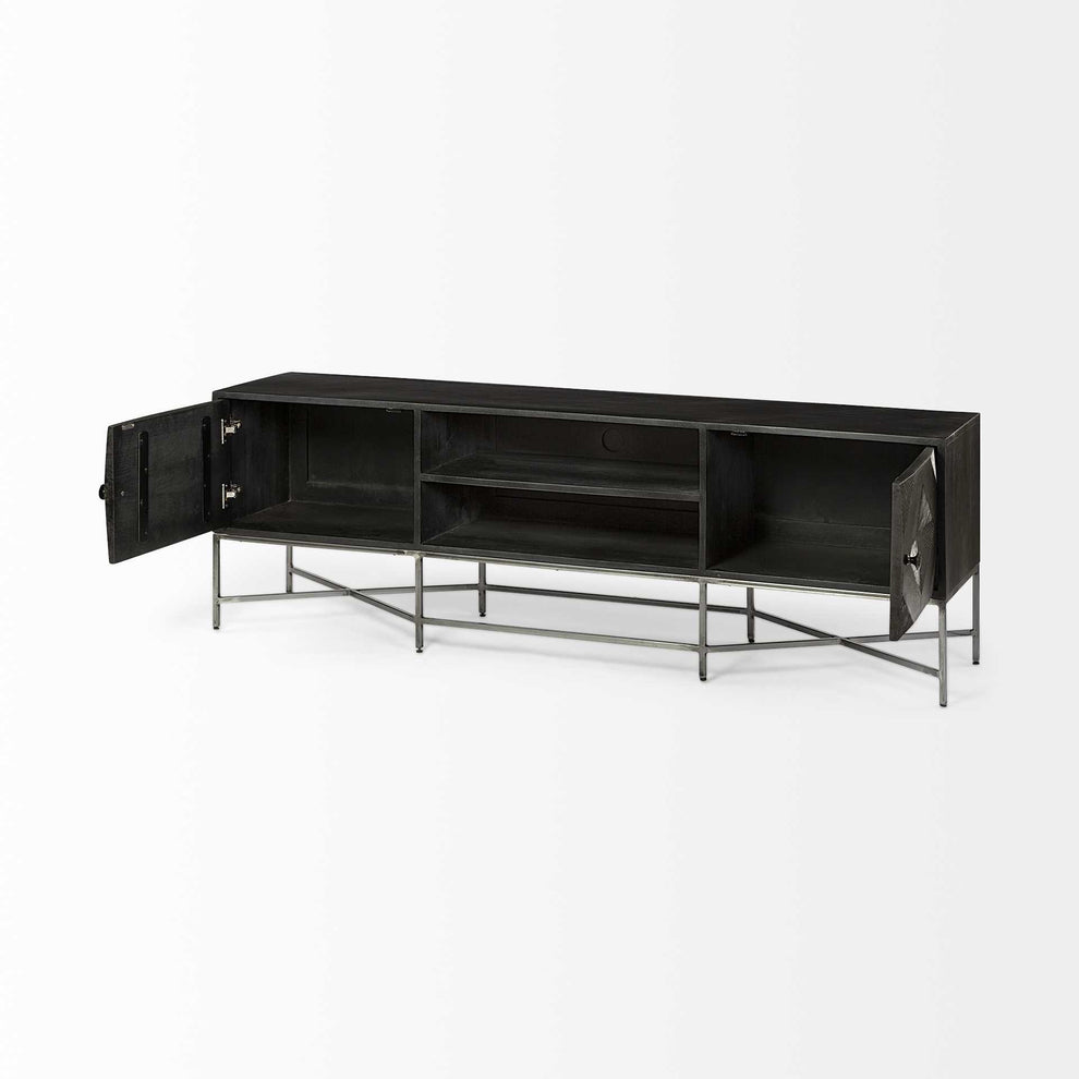 Dark Brown Solid Mango Wood Finish TV Stand Media Console With 2 Doors And 2 Open Shelves By Homeroots | Console Tables | Modishstore - 5
