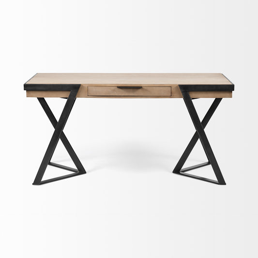 Solid Mango Wood Finish Writing Desk With Single Storage And Black Triangular Iron Legs By Homeroots | Desks | Modishstore