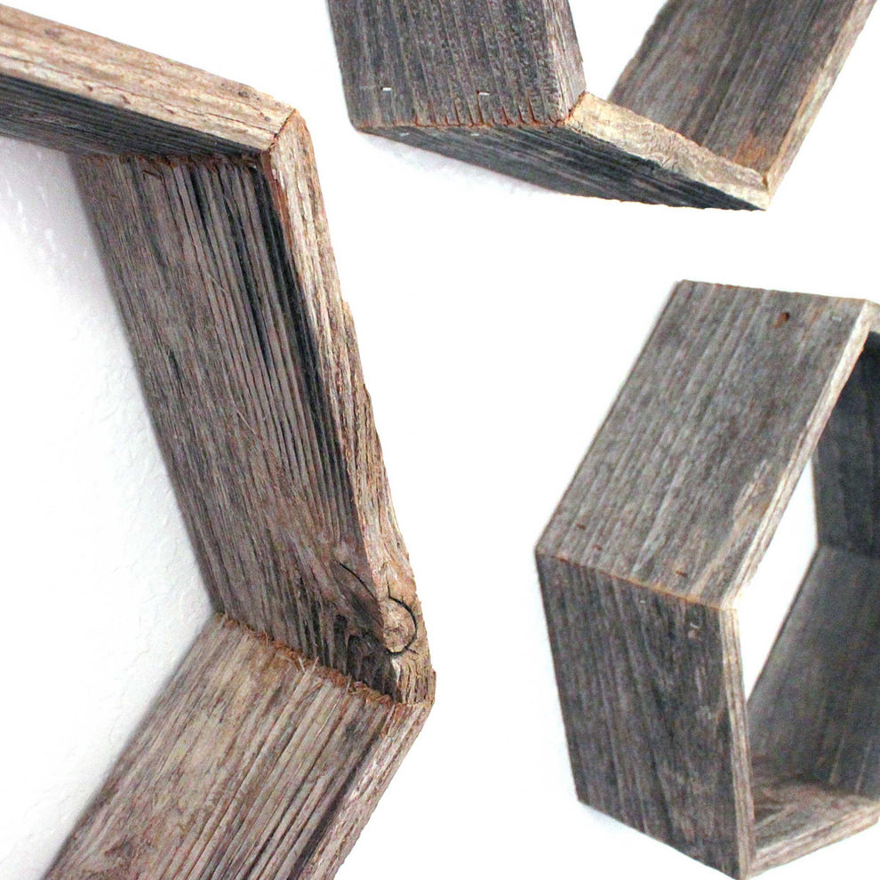 Set of 3 Hexagon Rustic Natural Weathered Grey Wood Open Box Shelve By Homeroots | Wall Decor | Modishstore - 2