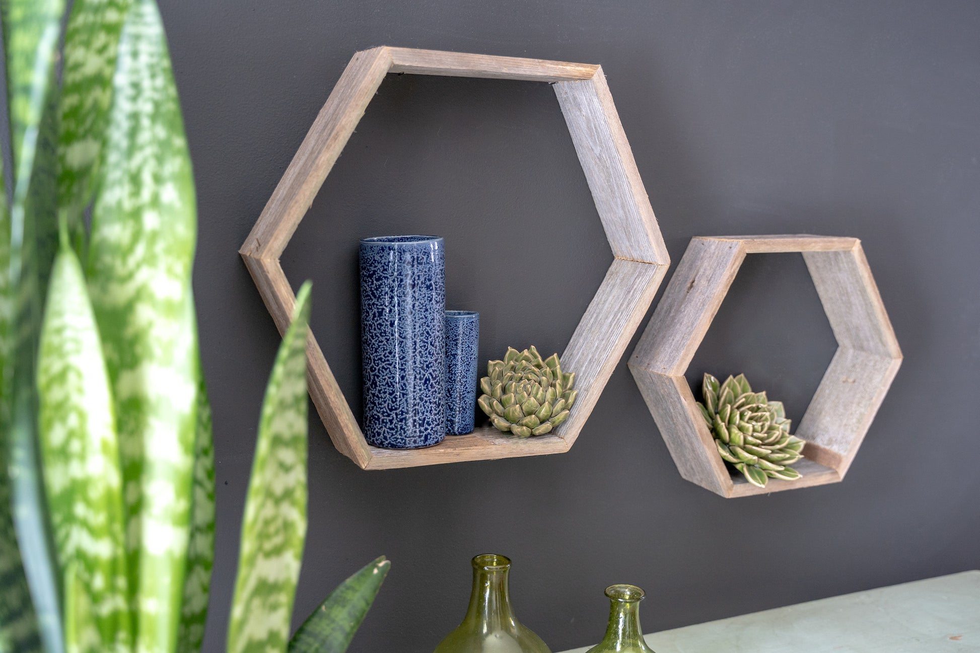 Set of 3 Hexagon Rustic Natural Weathered Grey Wood Open Box Shelve By Homeroots | Wall Decor | Modishstore - 4