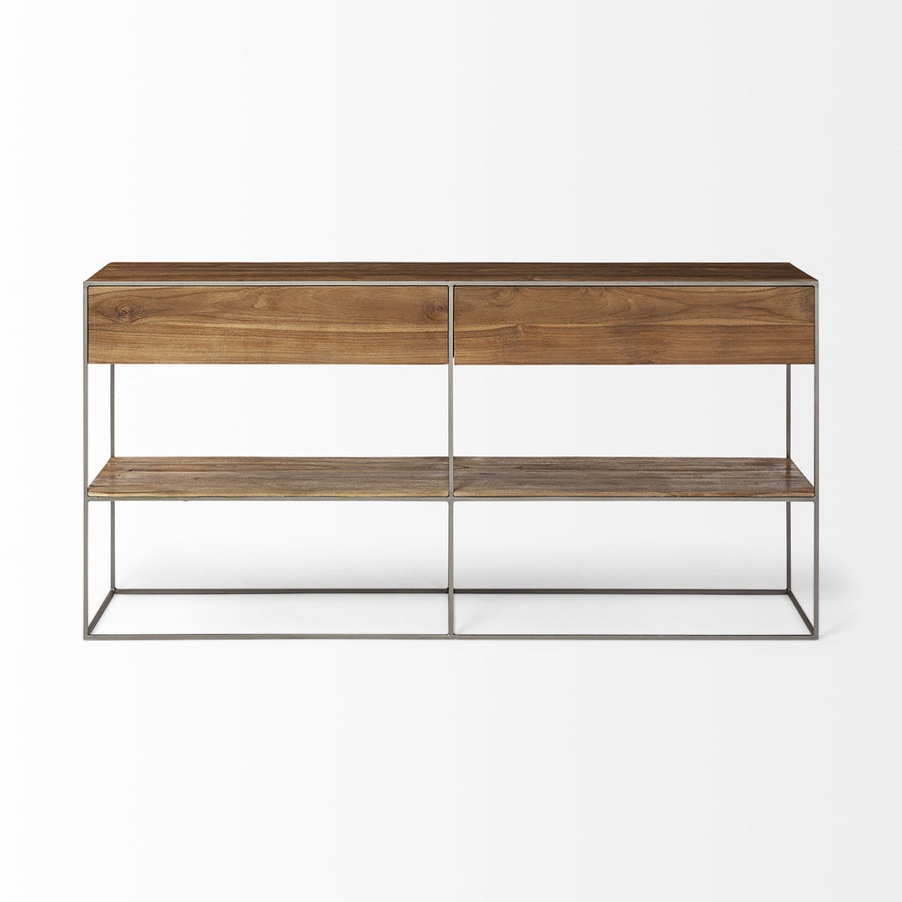Brown Wood And Silver Metal Frame With 2 Drawer And Sideboard By Homeroots | Cabinets | Modishstore - 2