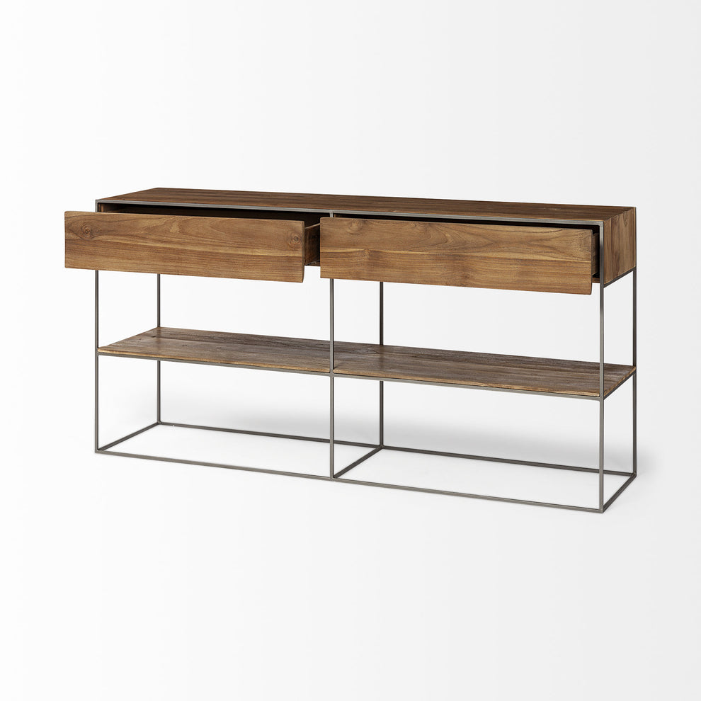 Brown Wood And Silver Metal Frame With 2 Drawer And Sideboard By Homeroots | Cabinets | Modishstore - 5