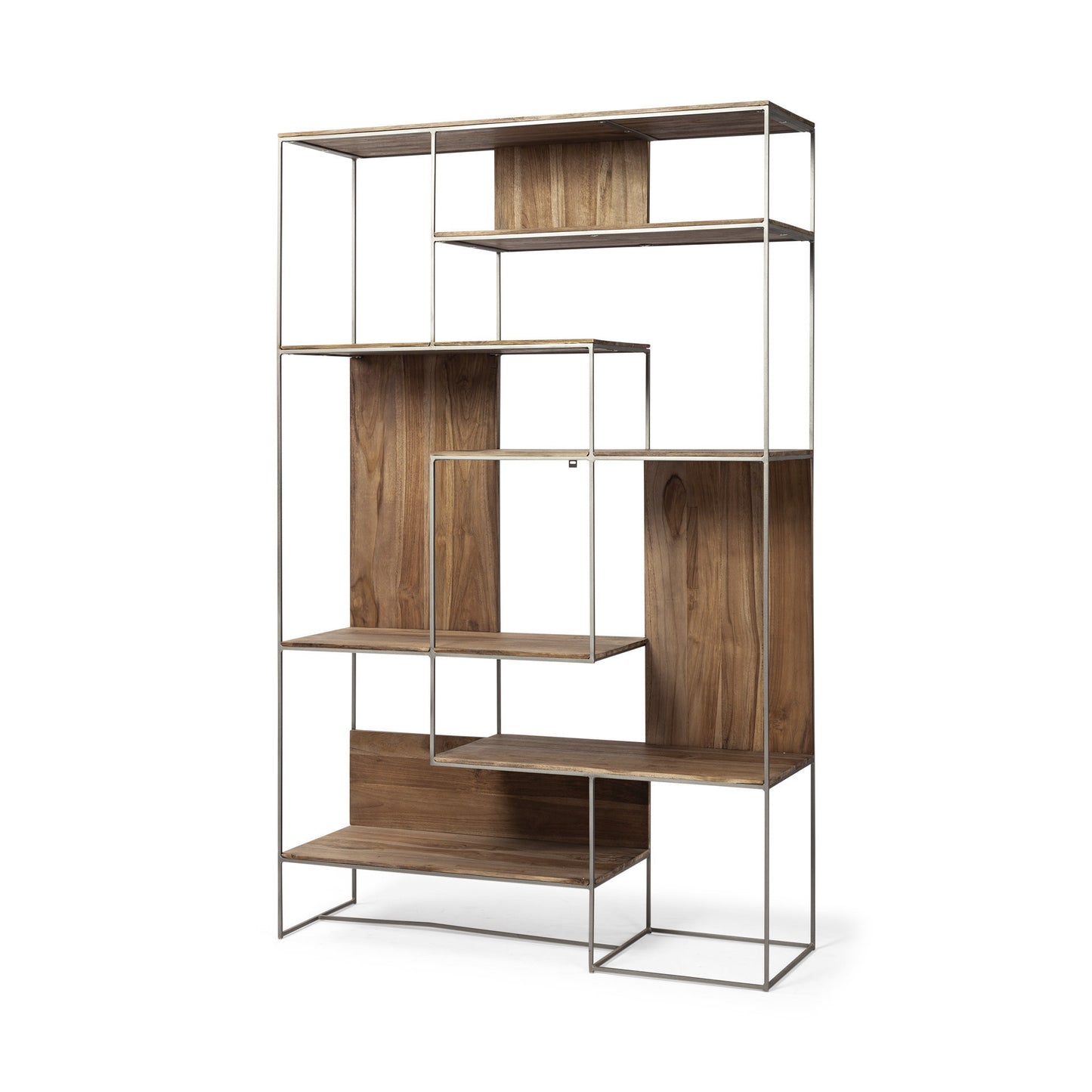 Brown Wood and Silver Metal Frame with 6 Shelf Shelving Unit By Homeroots | Shelves & Shelving Units | Modishstore - 2