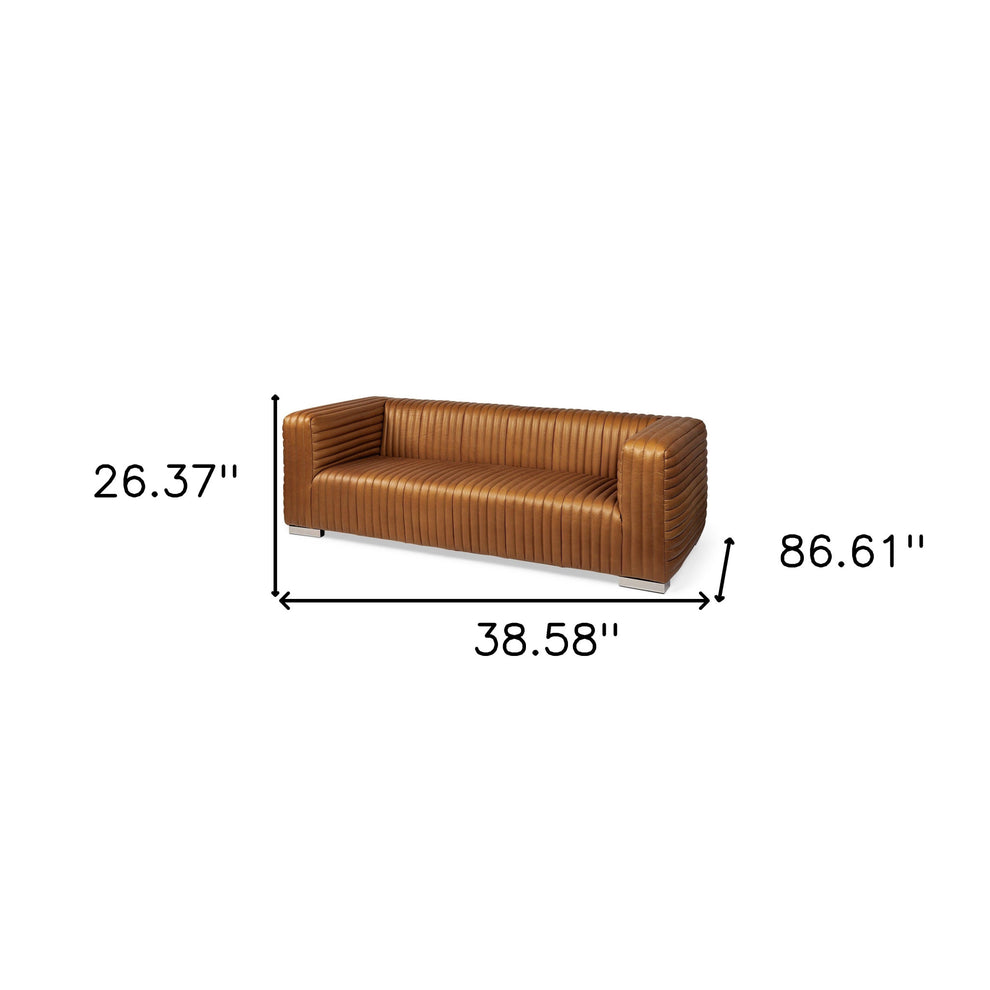 Cognac Leather Wrapped Three Seater Sofa By Homeroots | Sofas | Modishstore - 2