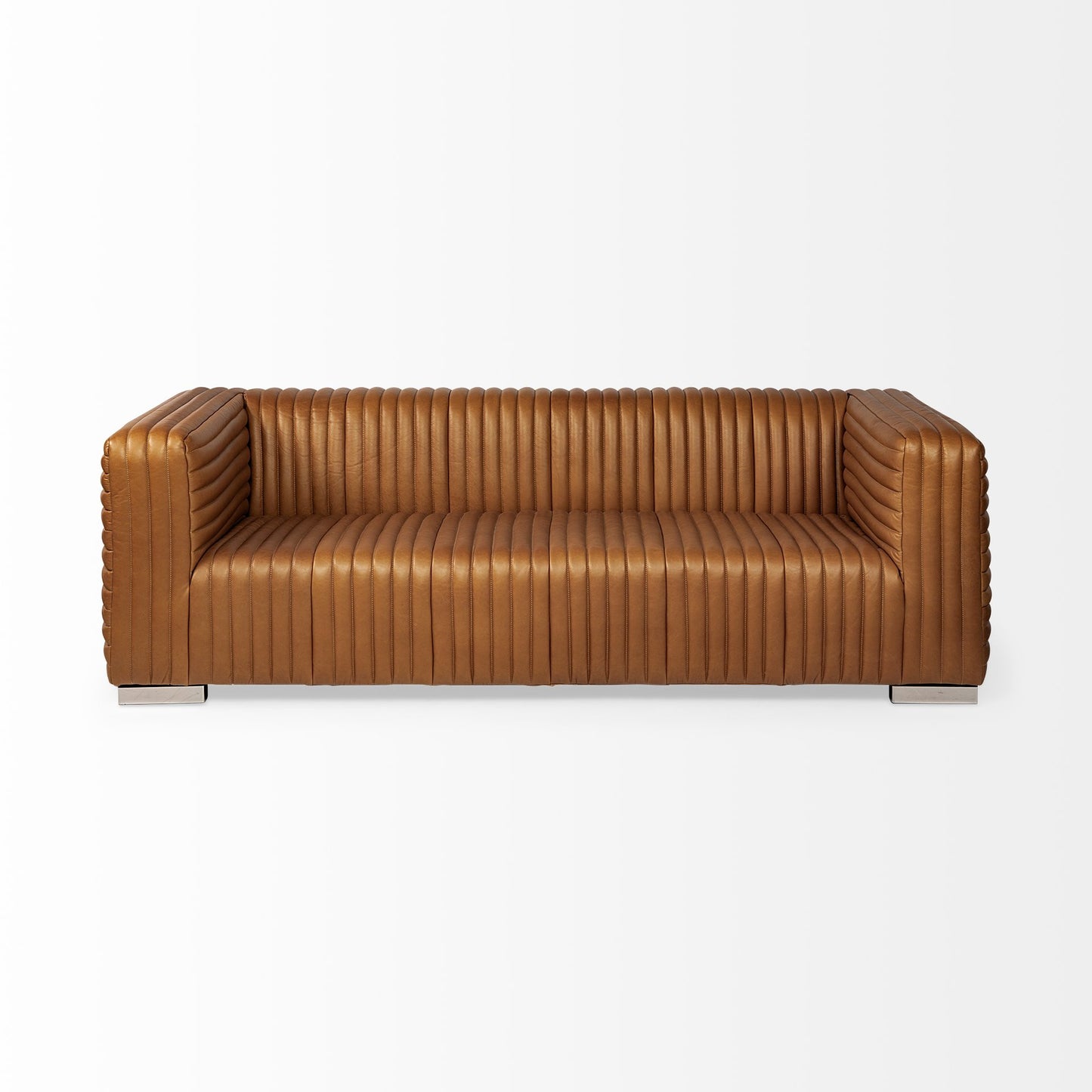 Cognac Leather Wrapped Three Seater Sofa By Homeroots | Sofas | Modishstore - 3