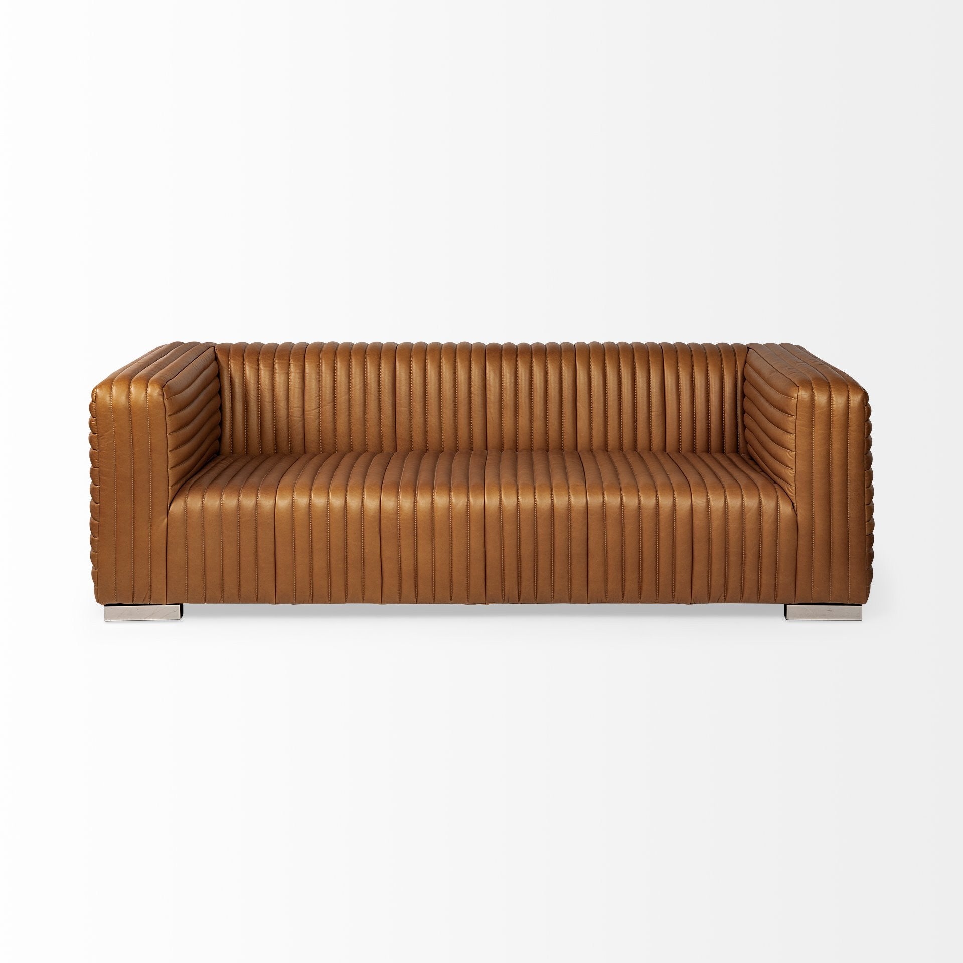 Cognac Leather Wrapped Three Seater Sofa By Homeroots | Sofas | Modishstore - 3