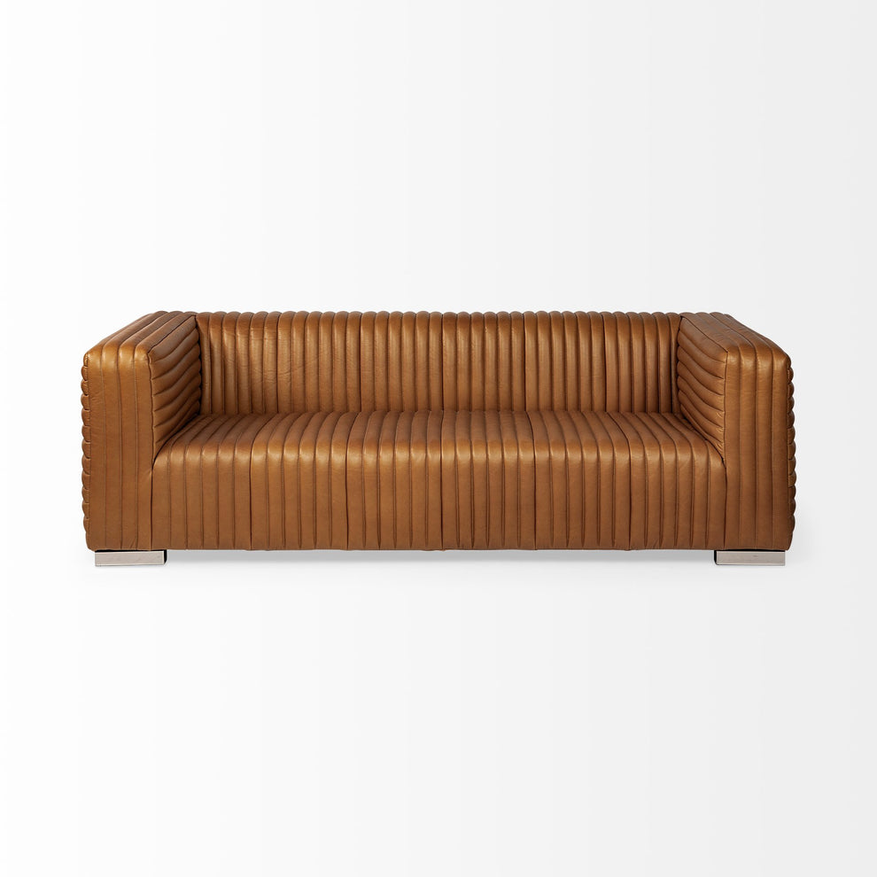 Cognac Leather Wrapped Three Seater Sofa By Homeroots | Sofas | Modishstore - 3