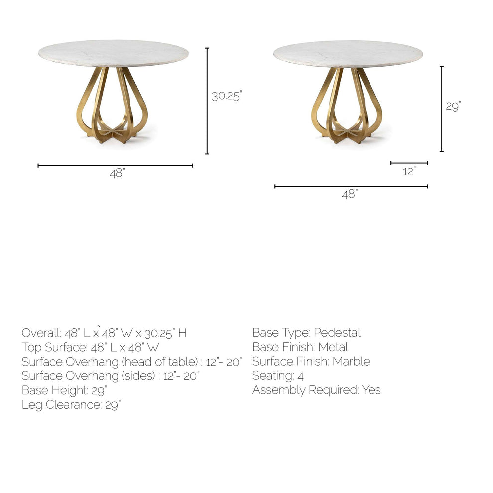 48' Marble Top With Gold Metal Base Dining Table By Homeroots | Dining Tables | Modishstore - 7