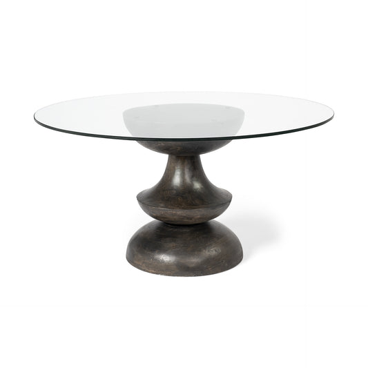 60' Round Glass Top Brown Wood With Pedestal Base Dining Table By Homeroots | Dining Tables | Modishstore
