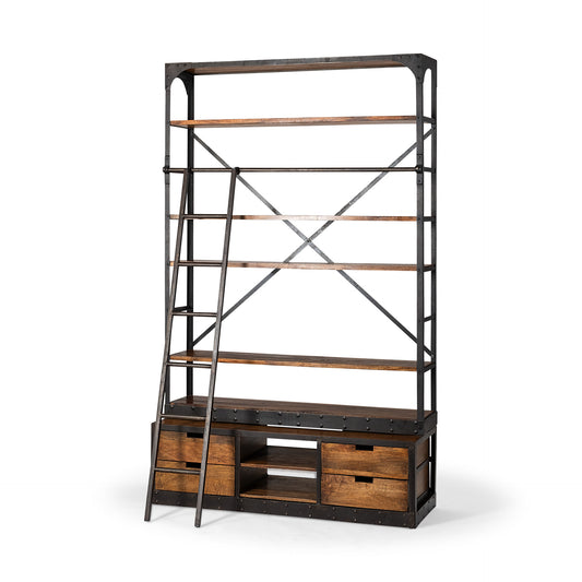 Medium Brown Wood Shelving Unit with Copper Ladder and 4 Shelves By Homeroots | Shelves & Shelving Units | Modishstore