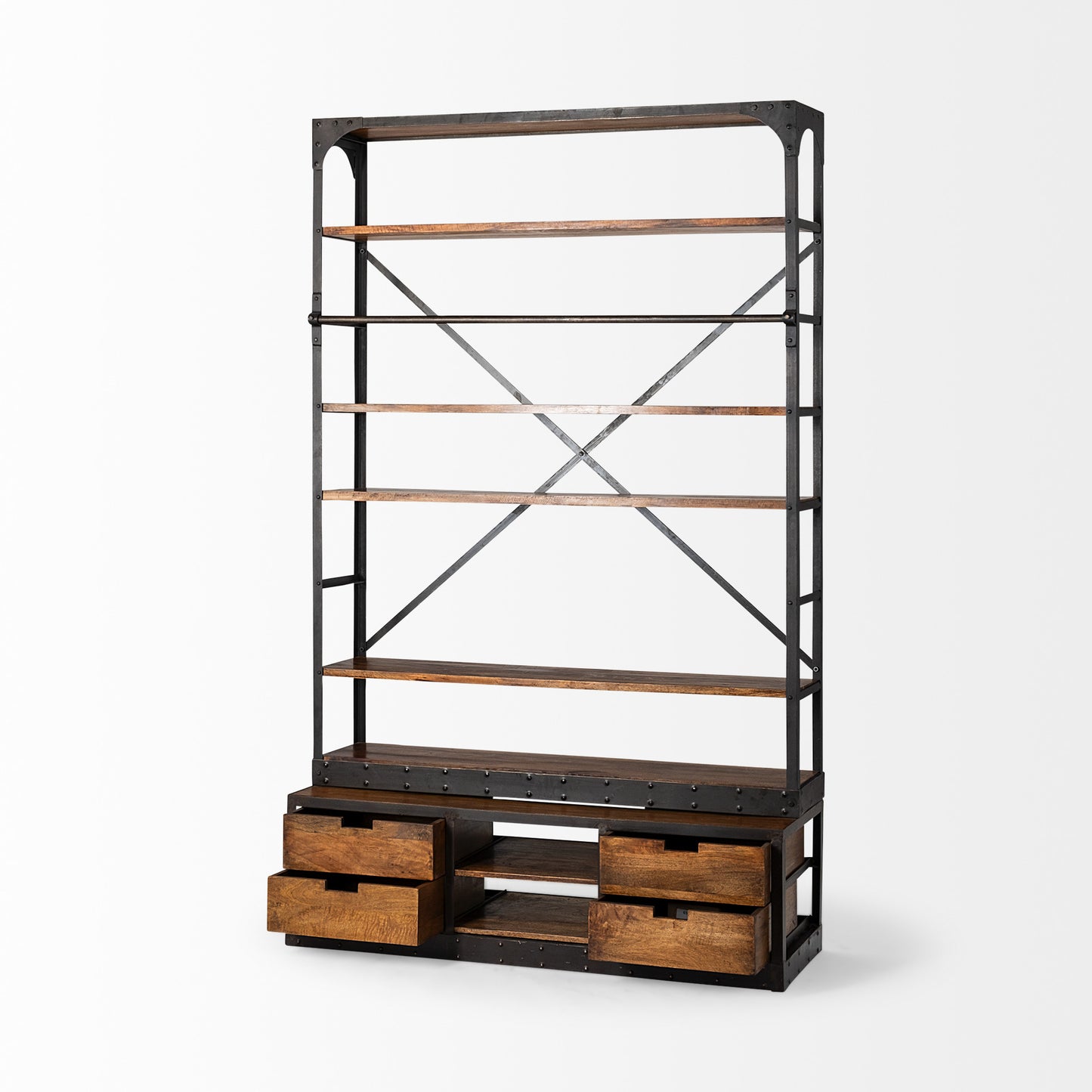 Medium Brown Wood Shelving Unit with Copper Ladder and 4 Shelves By Homeroots | Shelves & Shelving Units | Modishstore - 5