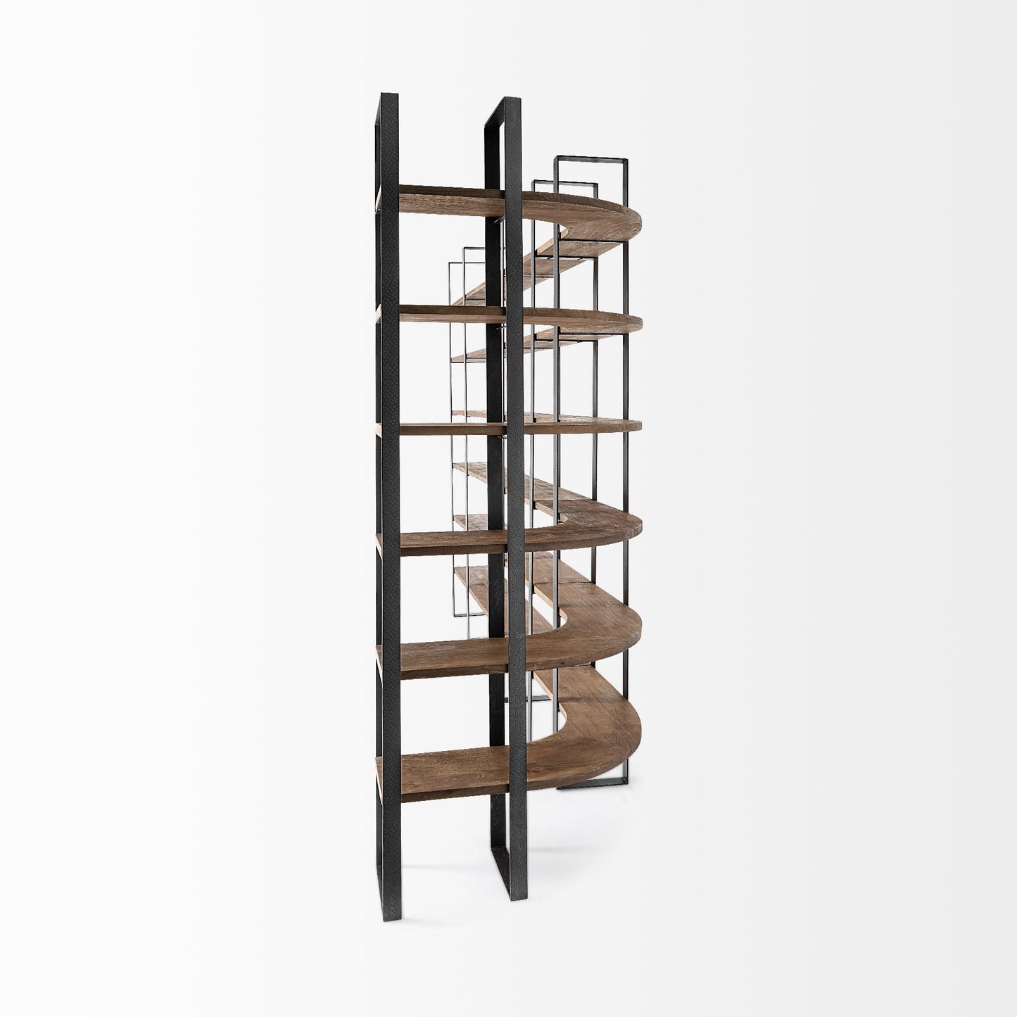 Curved Dark Brown Wood And Black Iron 6 Shelving Unit By Homeroots | Shelves & Shelving Units | Modishstore - 6