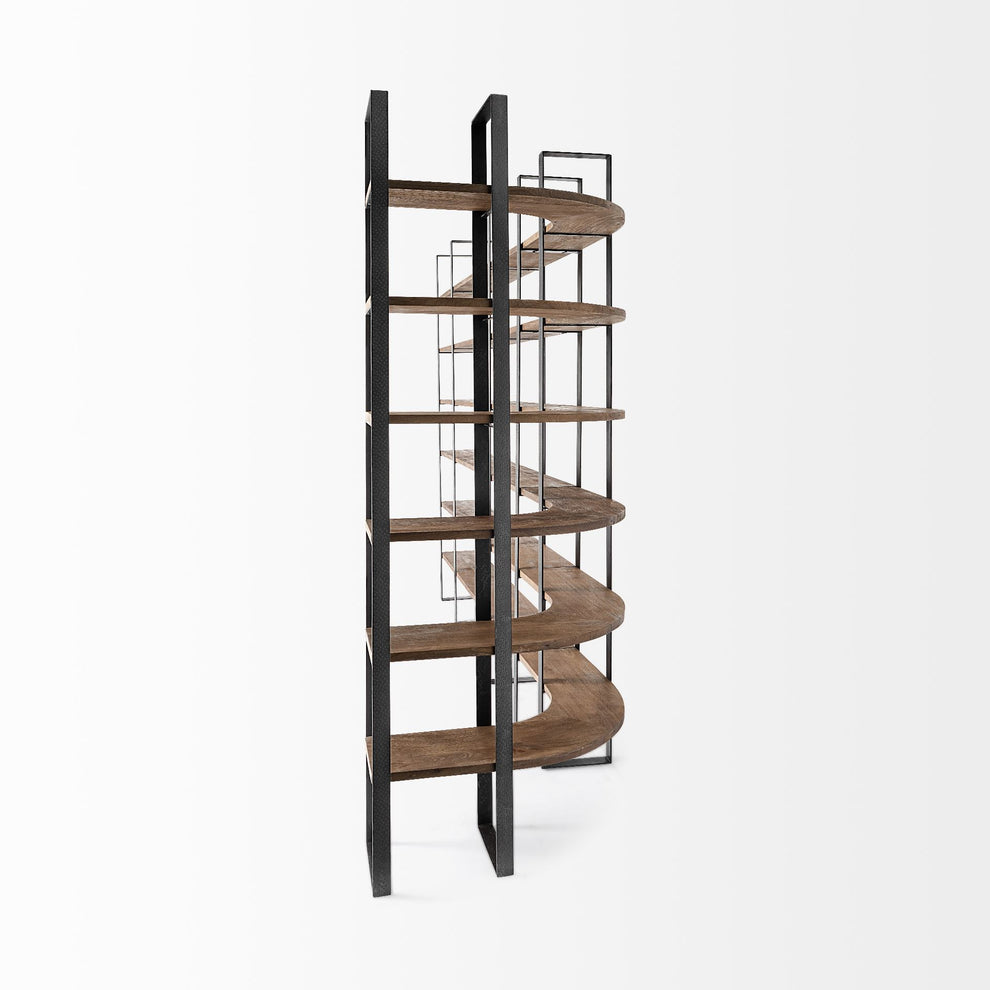 Curved Dark Brown Wood And Black Iron 6 Shelving Unit By Homeroots | Shelves & Shelving Units | Modishstore - 6