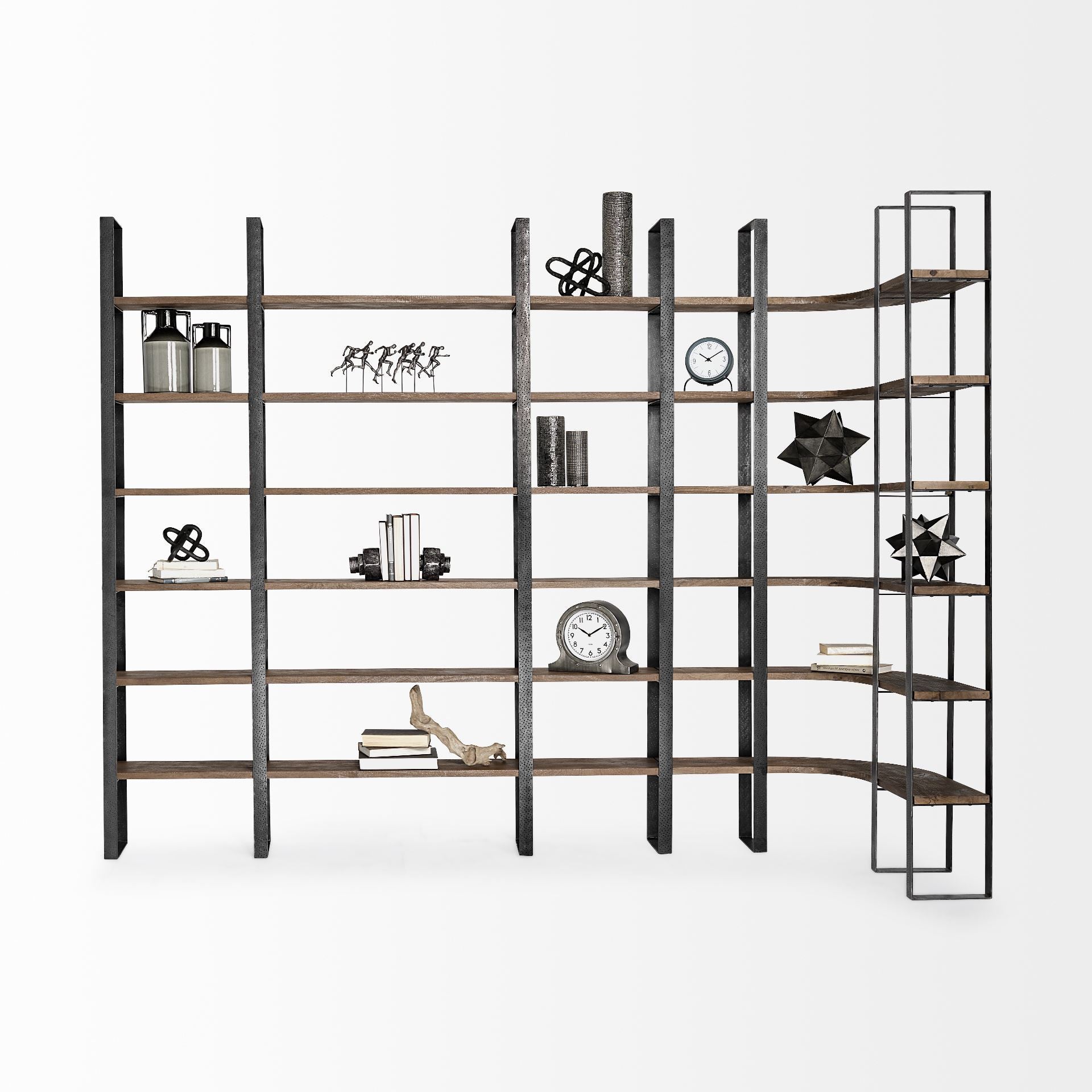 Curved Dark Brown Wood And Black Iron 6 Shelving Unit By Homeroots | Shelves & Shelving Units | Modishstore - 7