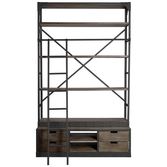 Brown Wood Shelving Unit with Gun Metal Ladder and 4 Shelves By Homeroots
