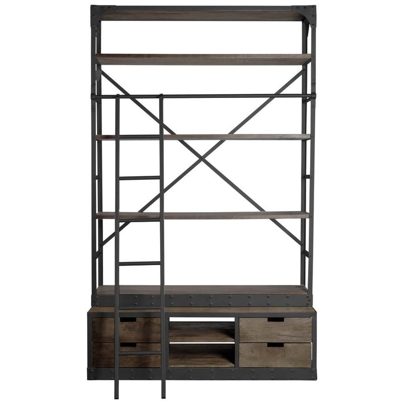 Brown Wood Shelving Unit with Gun Metal Ladder and 4 Shelves By Homeroots | Shelves & Shelving Units | Modishstore