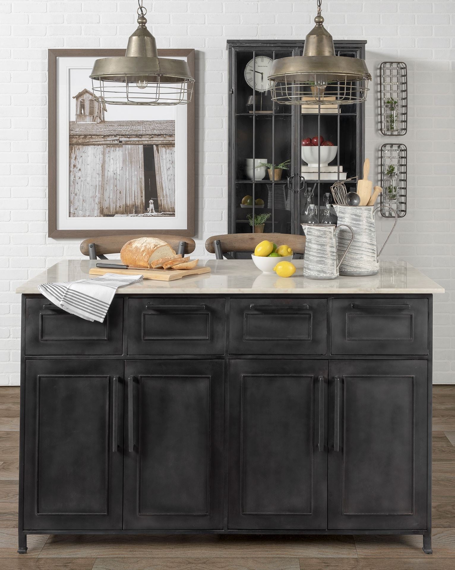 Solid Iron Black Body White Marble Top Kitchen Island With 4 Drawer By Homeroots | Bar Carts | Modishstore