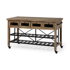 Brown Solid Wood Top Kitchen Island With Two Tier Black Metal Rolling By Homeroots