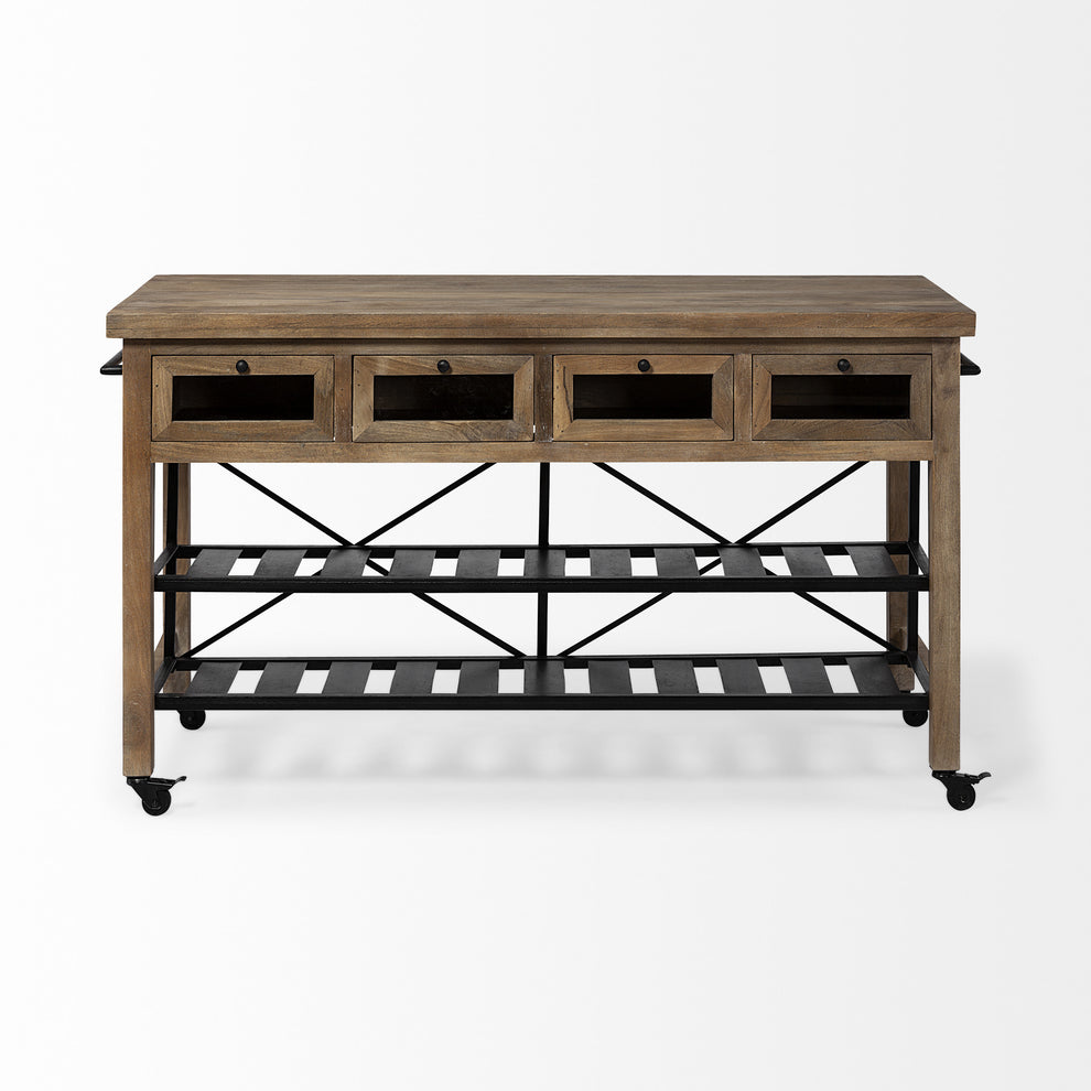 Brown Solid Wood Top Kitchen Island With Two Tier Black Metal Rolling By Homeroots | Bar Carts | Modishstore - 2