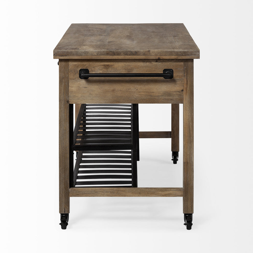 Brown Solid Wood Top Kitchen Island With Two Tier Black Metal Rolling By Homeroots | Bar Carts | Modishstore - 3