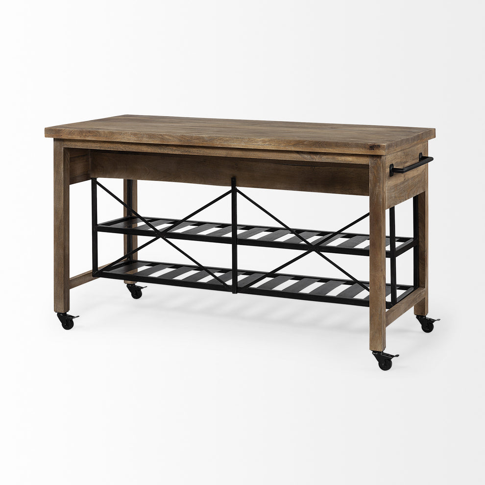 Brown Solid Wood Top Kitchen Island With Two Tier Black Metal Rolling By Homeroots | Bar Carts | Modishstore - 5