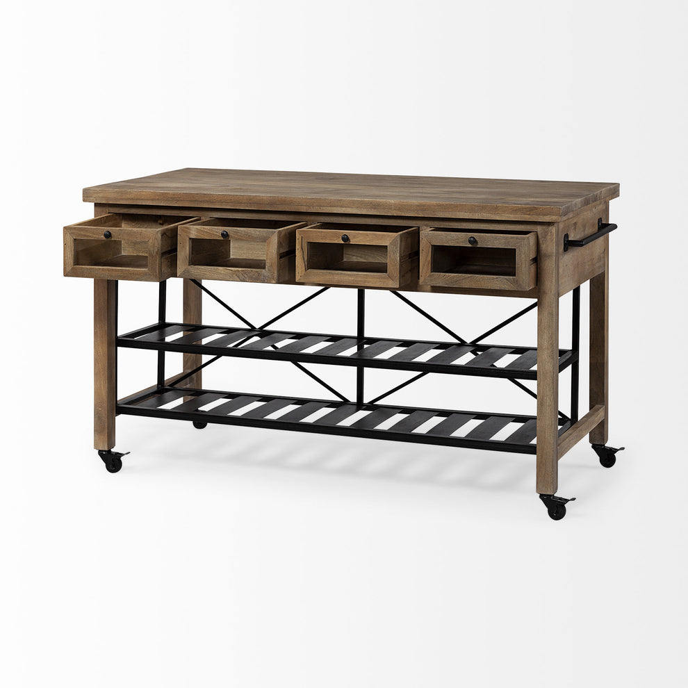 Brown Solid Wood Top Kitchen Island With Two Tier Black Metal Rolling By Homeroots | Bar Carts | Modishstore - 6