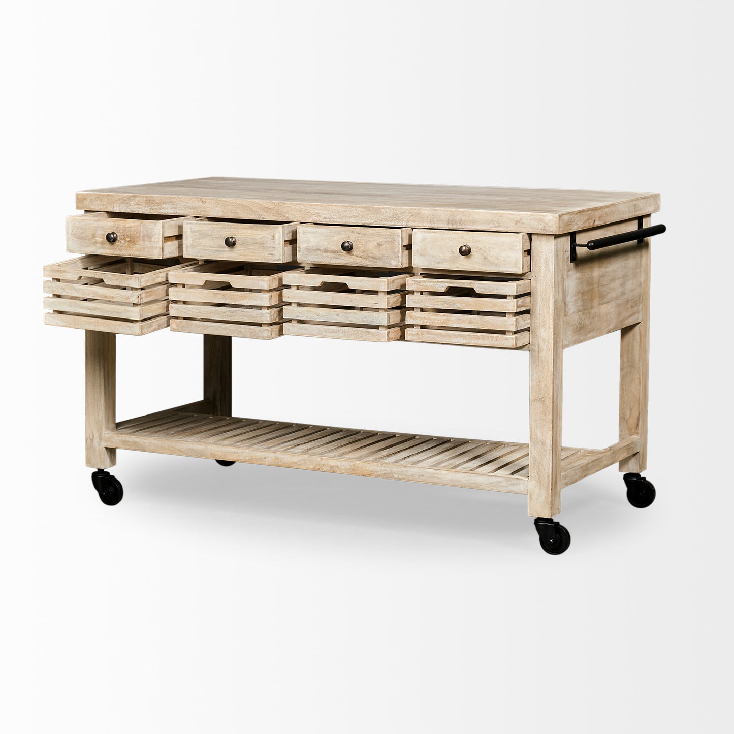 Light Brown Body Kitchen Island With Black Iron Knobs Rolling By Homeroots | Bar Carts | Modishstore - 2