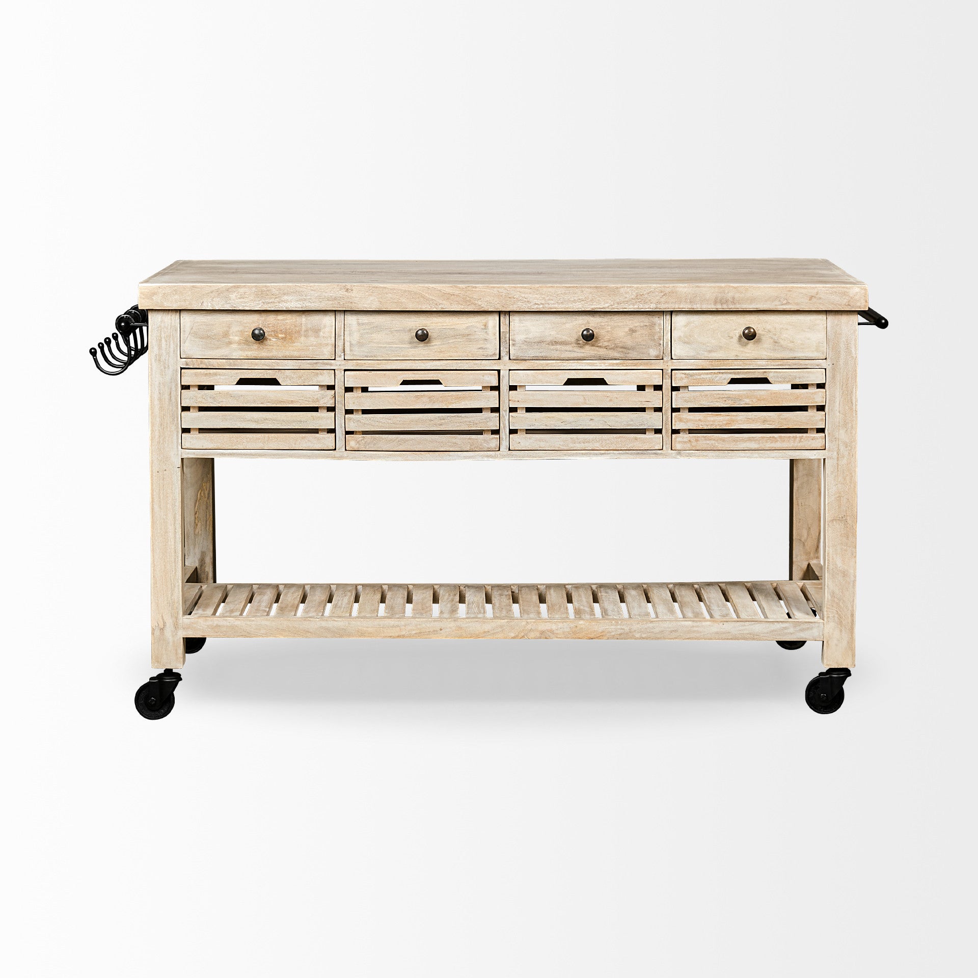 Light Brown Body Kitchen Island With Black Iron Knobs Rolling By Homeroots | Bar Carts | Modishstore - 3