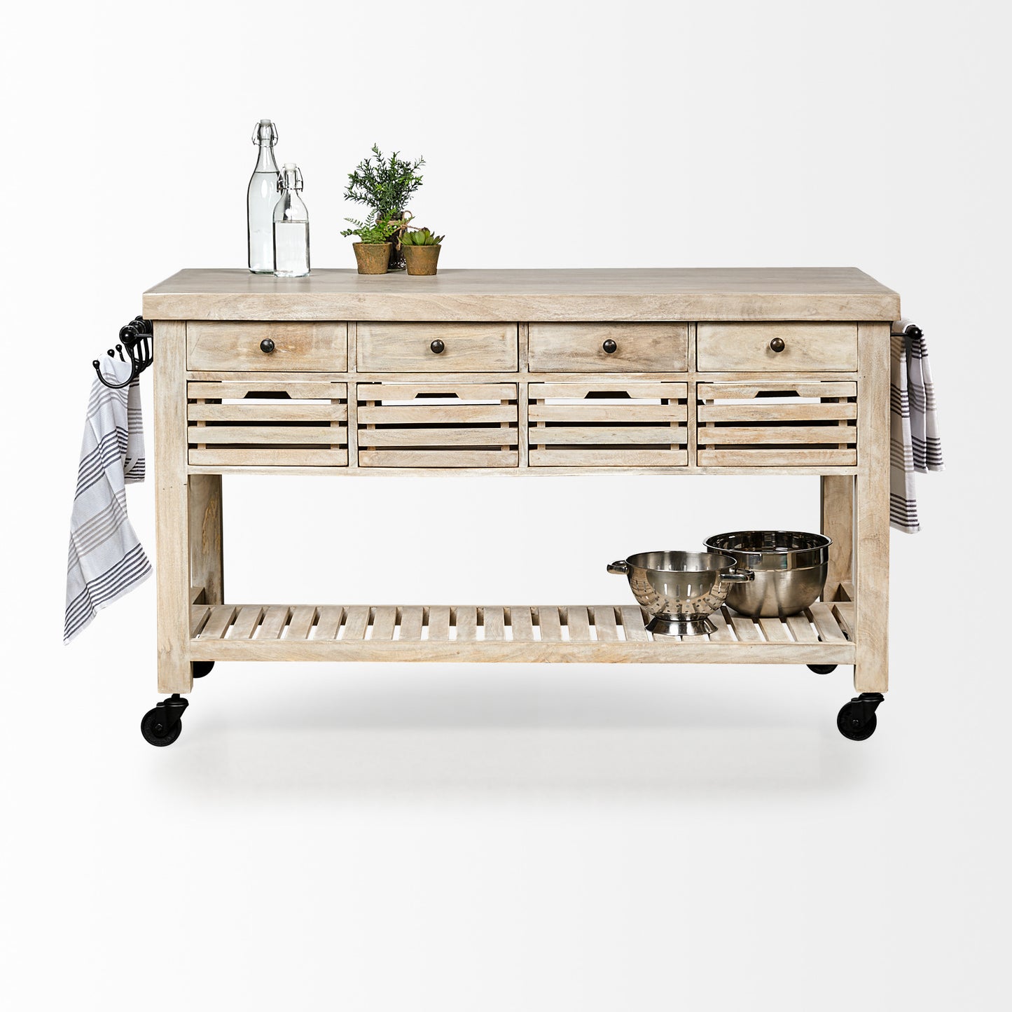 Light Brown Body Kitchen Island With Black Iron Knobs Rolling By Homeroots | Bar Carts | Modishstore - 4