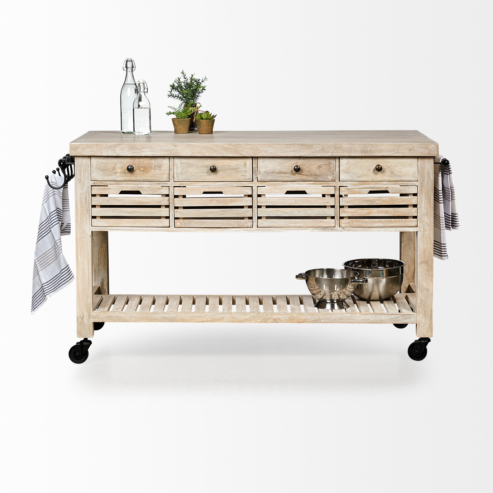 Light Brown Body Kitchen Island With Black Iron Knobs Rolling By Homeroots | Bar Carts | Modishstore - 4