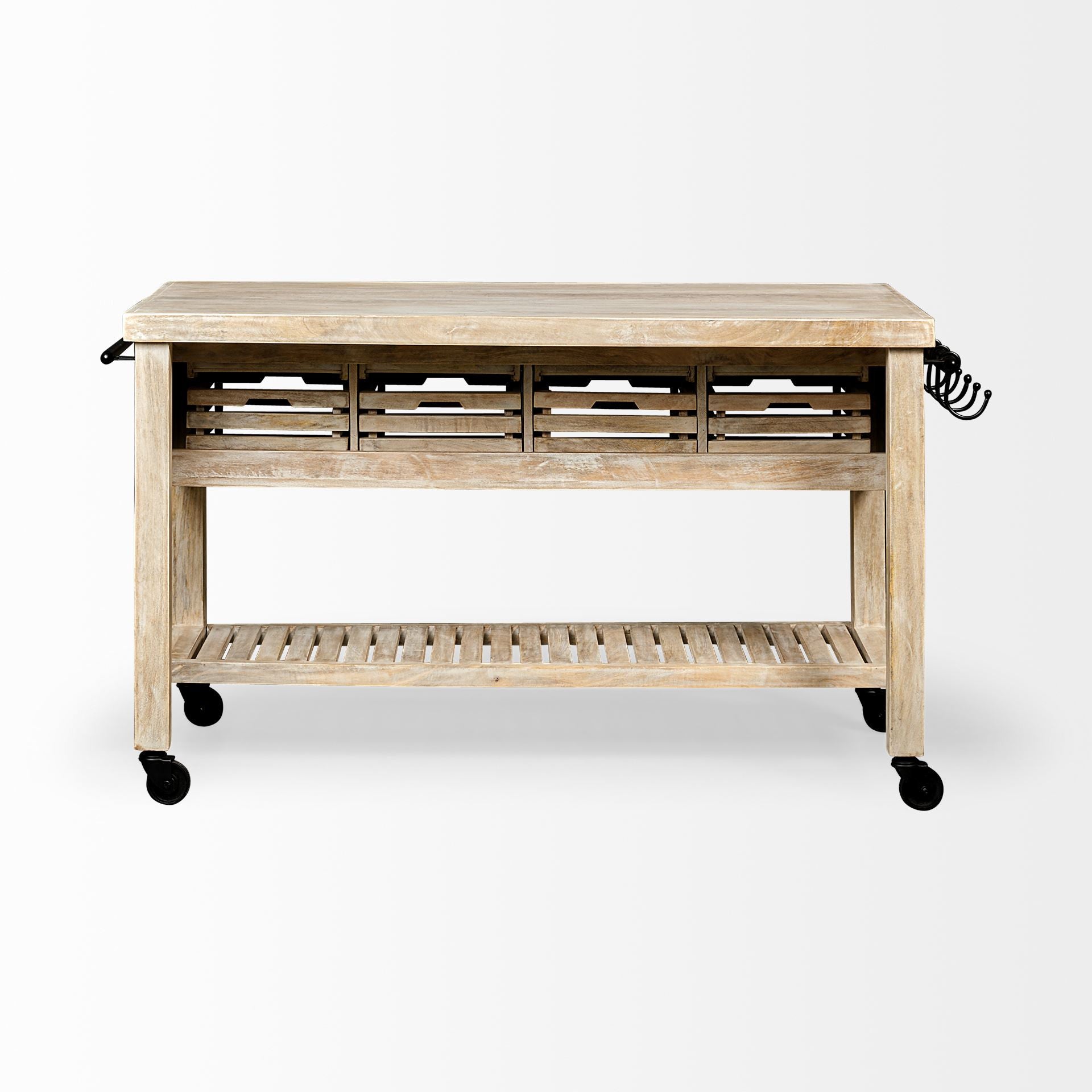 Light Brown Body Kitchen Island With Black Iron Knobs Rolling By Homeroots | Bar Carts | Modishstore - 7