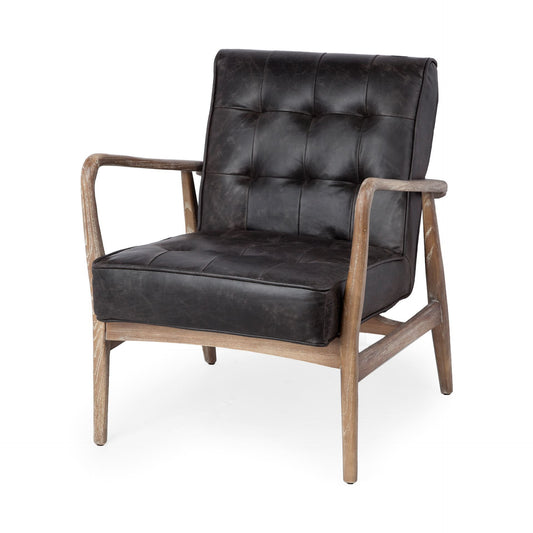Black Leather Accent Chair with Wrapped Ash Wood Frame By Homeroots