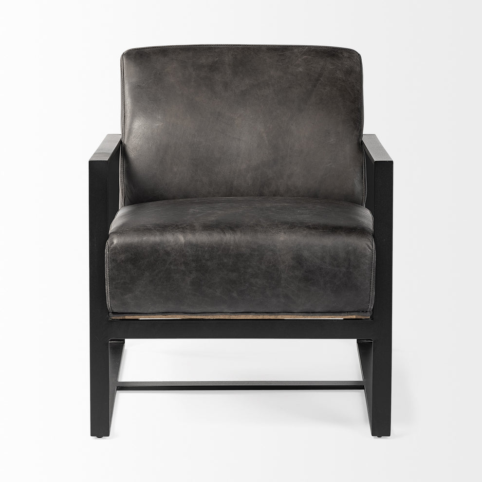Ebony Genuine Leather Wrapped Accent Chair with Metal Frame By Homeroots | Accent Chairs | Modishstore - 2