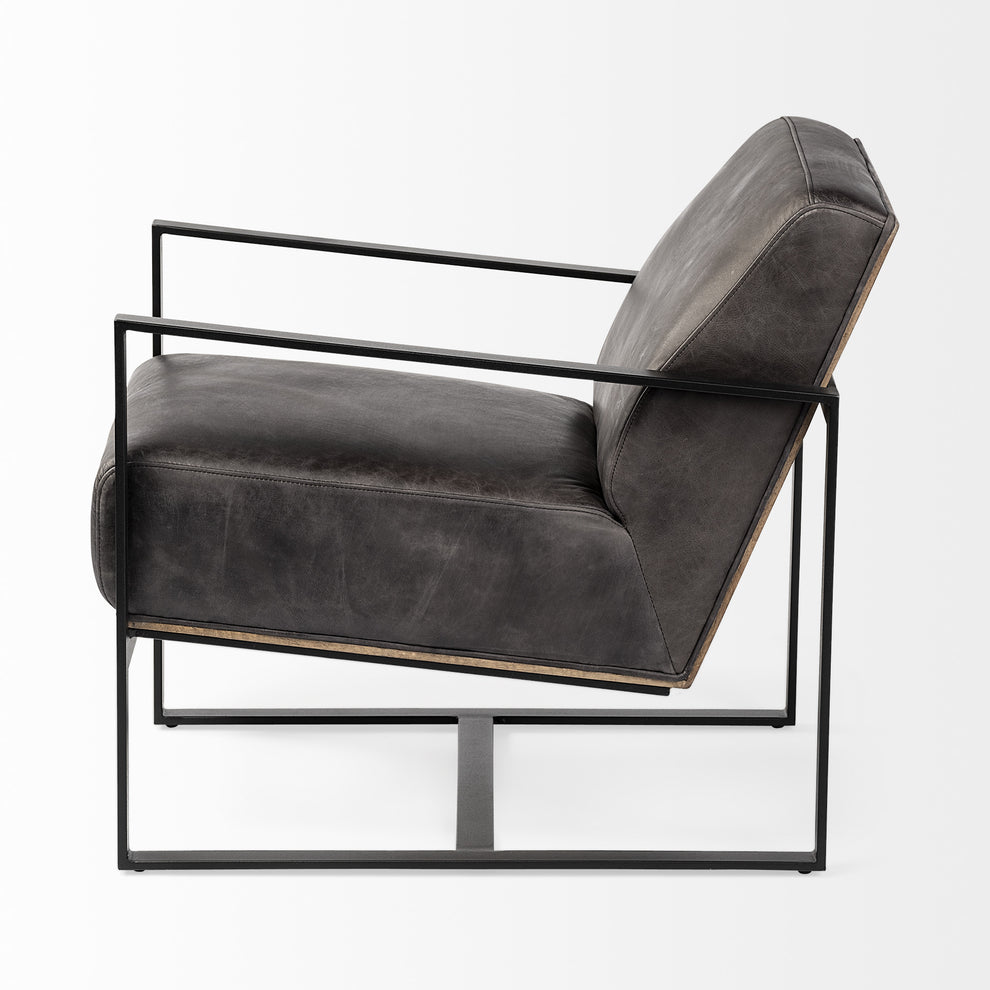 Ebony Genuine Leather Wrapped Accent Chair with Metal Frame By Homeroots | Accent Chairs | Modishstore - 3