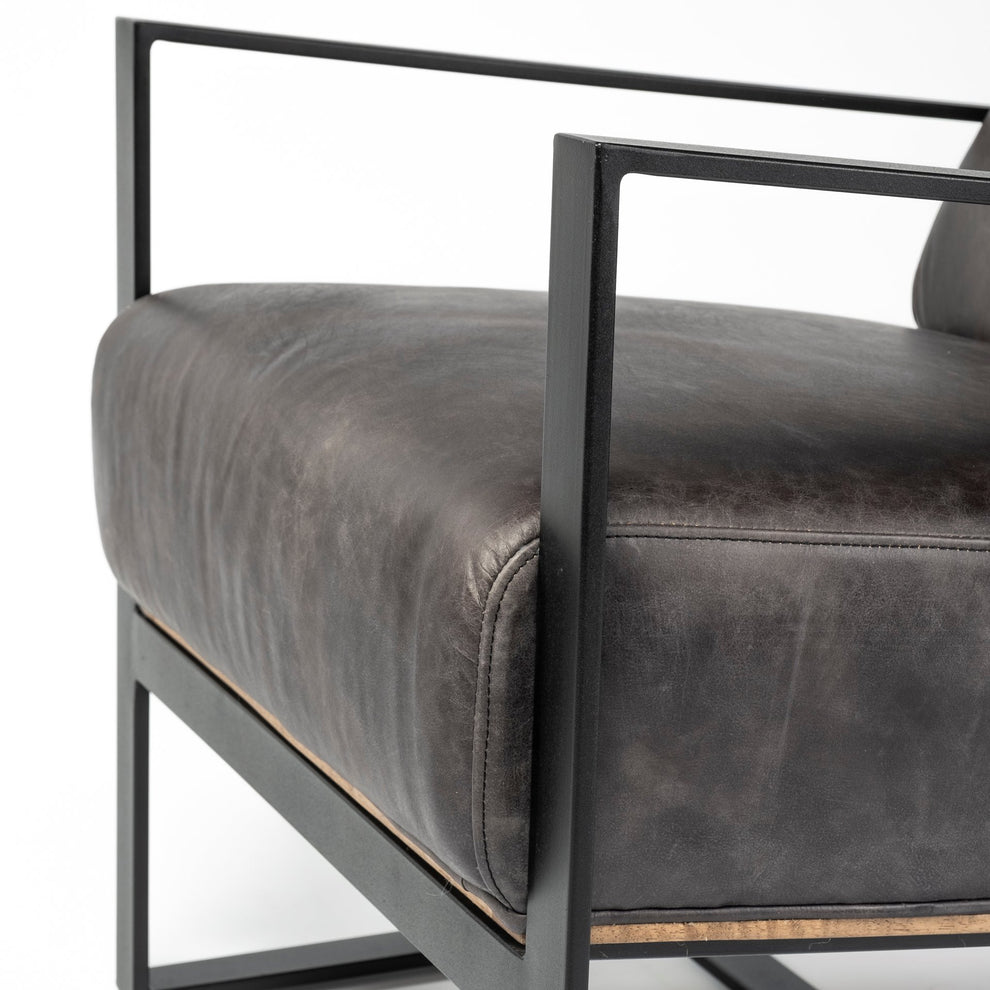 Ebony Genuine Leather Wrapped Accent Chair with Metal Frame By Homeroots | Accent Chairs | Modishstore - 7