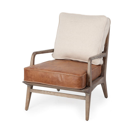 Brown Leather Seat Accent Chair with Off White Fabric By Homeroots