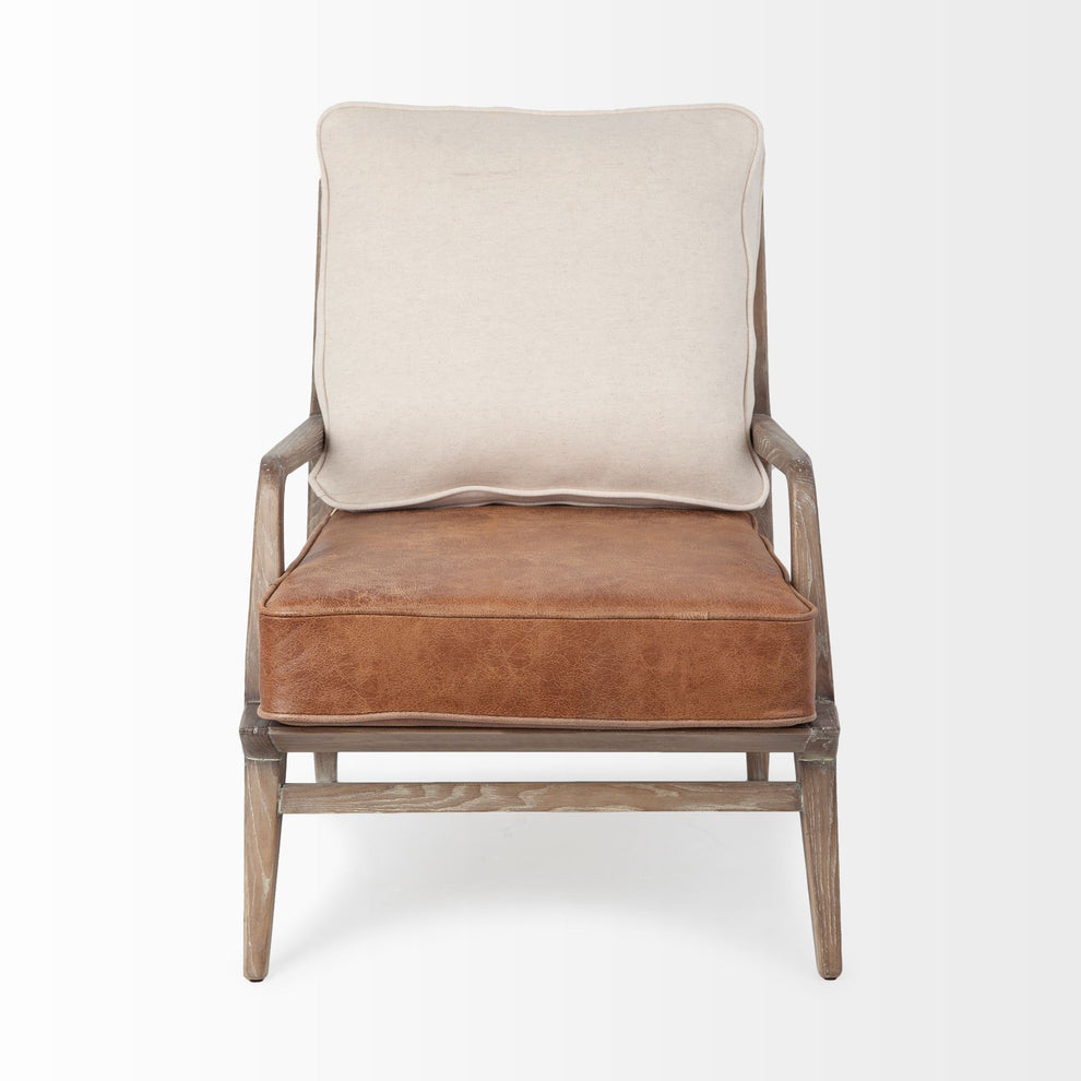 Brown Leather Seat Accent Chair with Off White Fabric By Homeroots | Accent Chairs | Modishstore - 2