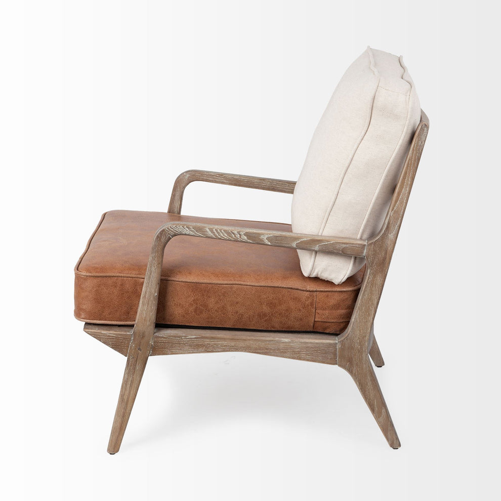 Brown Leather Seat Accent Chair with Off White Fabric By Homeroots | Accent Chairs | Modishstore - 3