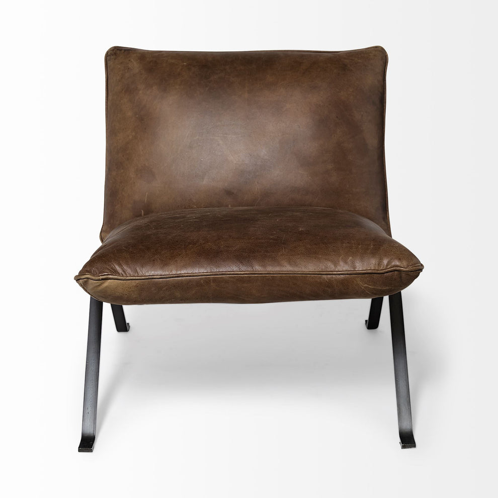 Medium Brown Leather Cushion Seat Accent Chair Solid Iron Base By Homeroots | Accent Chairs | Modishstore - 2