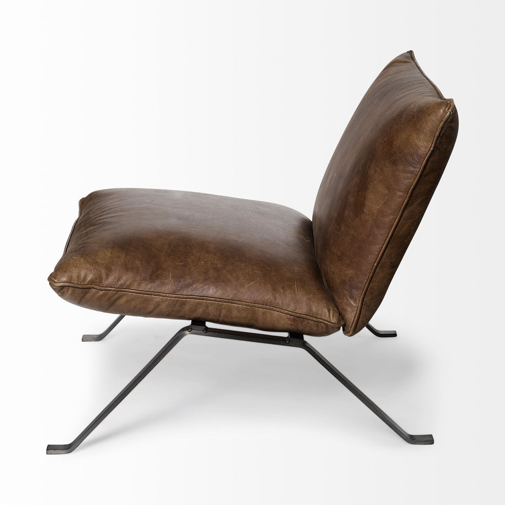 Medium Brown Leather Cushion Seat Accent Chair Solid Iron Base By Homeroots | Accent Chairs | Modishstore - 3