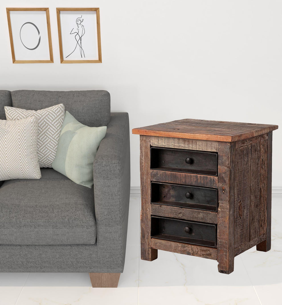 Medium Brown Wood Square Top End Table with Rustic Metal Drawers By Homeroots | End Tables | Modishstore - 5