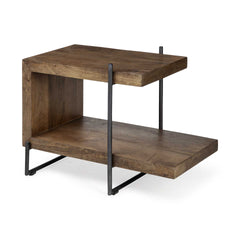 Medium Brown Wood U Shaped Side Table with Extended Storage Shelf By Homeroots