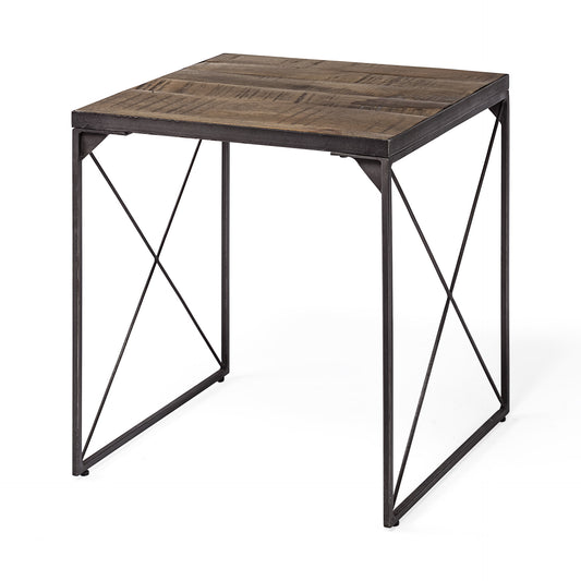 Medium Brown Wood Side Table with Square Top and Iron Cross Braced By Homeroots | Side Tables | Modishstore