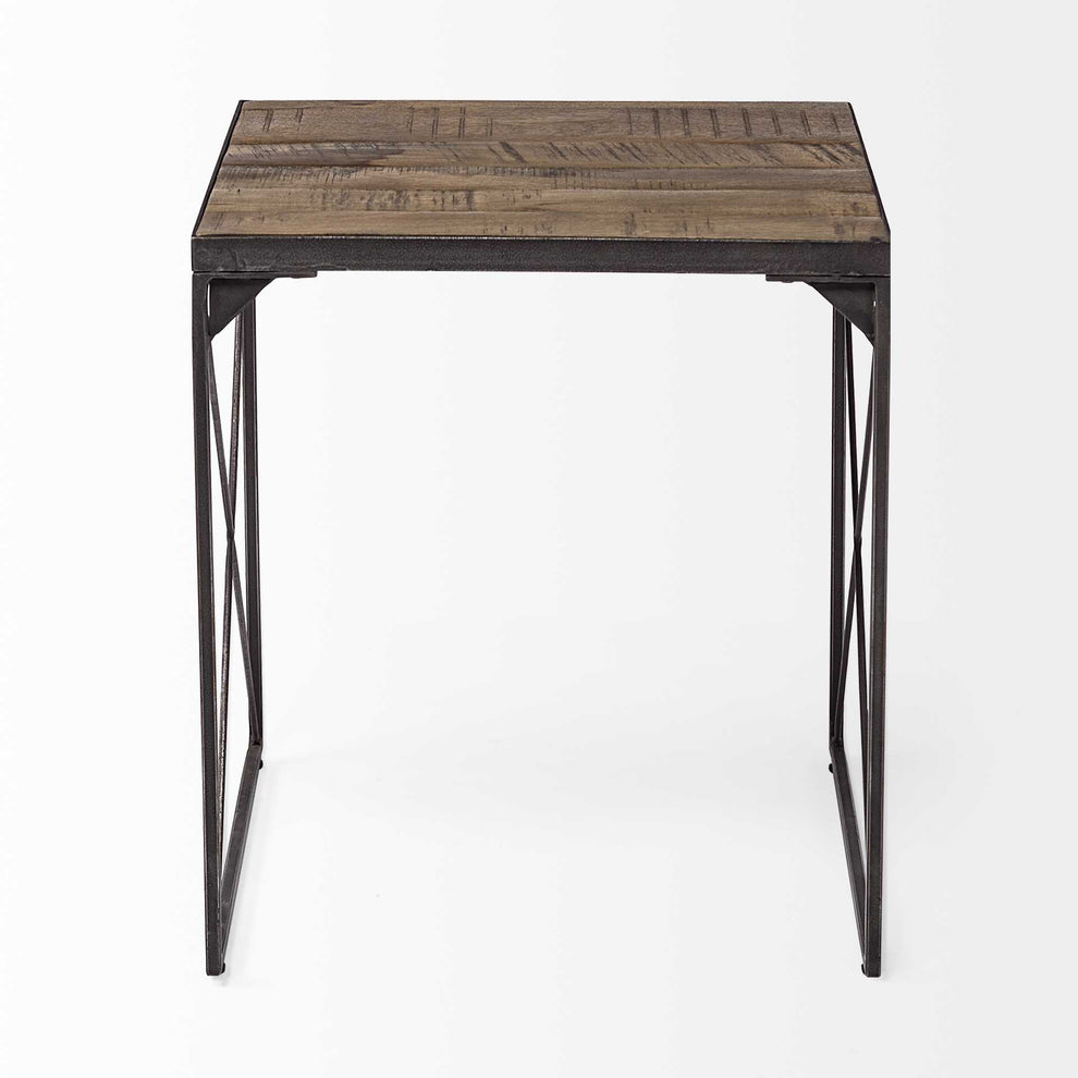 Medium Brown Wood Side Table with Square Top and Iron Cross Braced By Homeroots | Side Tables | Modishstore - 2